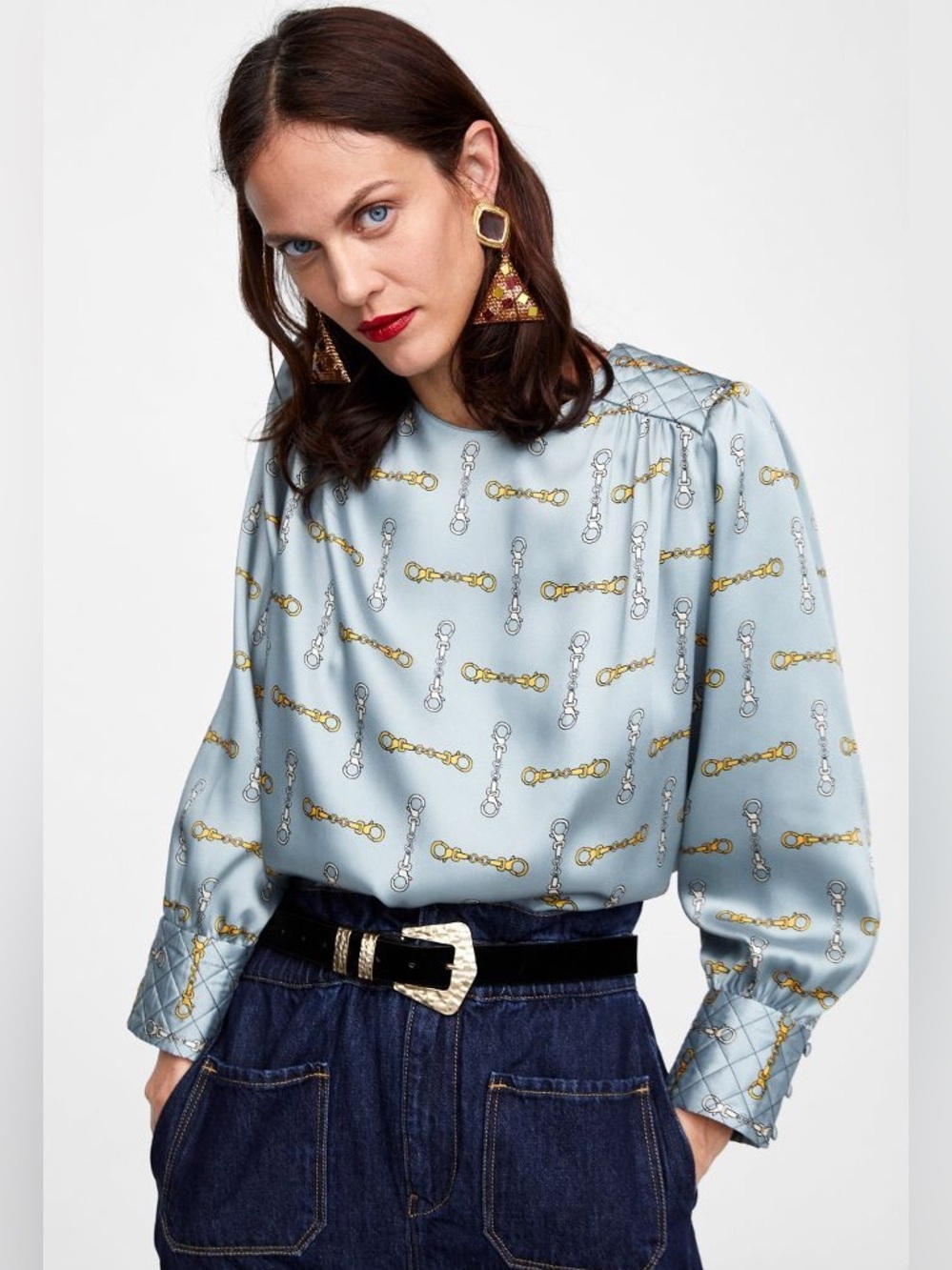 Zara Light Blue Satin Chain-Print Blouse in Sz: XL